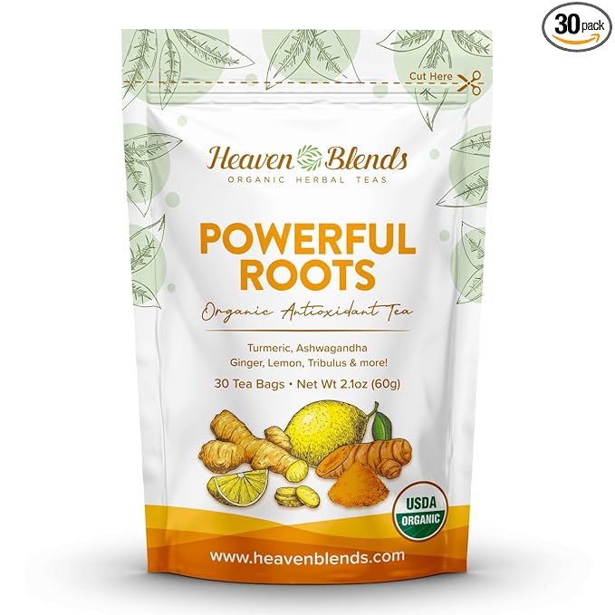 Heaven Blends Powerful Roots Organic Herbal Tea – Antioxidant Blend with Turmeric Ginger Ashwagandha Cinnamon Black Pepper &amp Tribulus Fruit – 30 Caffeine-Free Tea Bags – USDA Organic