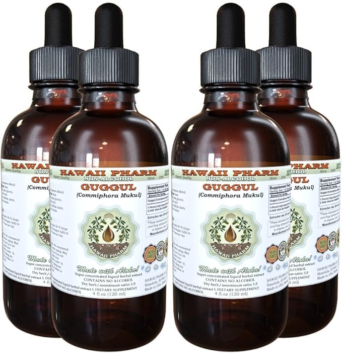 Hawaii Pharm Guggul Alcohol-Free Liquid Extract Guggul (Commiphora Mukul) Unprocessed Gum Resin Glycerite Natural Herbal Supplement 4x4 oz
