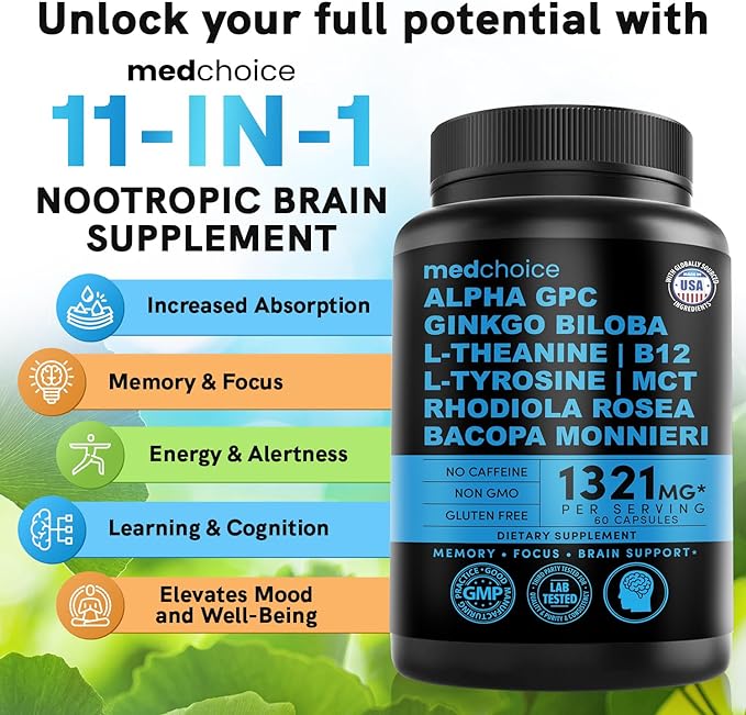 12-in-1 Nootropic Brain Supplement Anhydrous: Ginkgo Biloba for Brain Support Memory and Focus - B12 Alpha GPC L Theanine and Choline Supplements with Bioperine Non Caffeinated 1321mg (60ct)