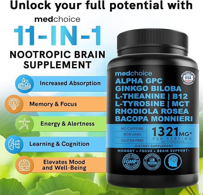 12-in-1 Nootropic Brain Supplement Anhydrous: Ginkgo Biloba for Brain Support Memory and Focus - B12 Alpha GPC L Theanine and Choline Supplements with Bioperine non Caffeinated 1321mg (180ct)