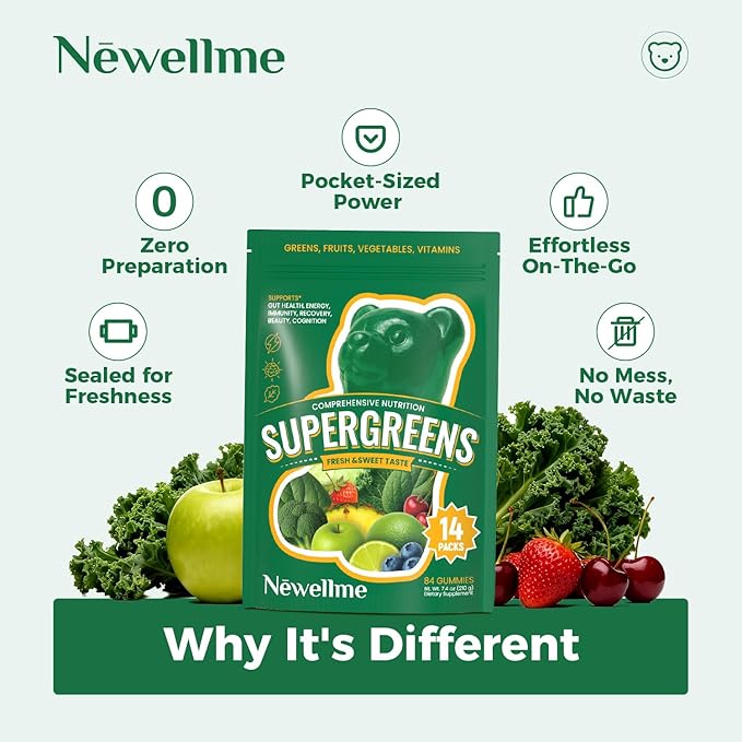 NEWELLME Super Greens Gummies Delicious Daily Greens Multivitamin Gummy Bears with Superfoods Fiber &amp Probiotics for Gut Health Energy &amp Immune Support Sugar Free 14 Grab-and-Go Packs