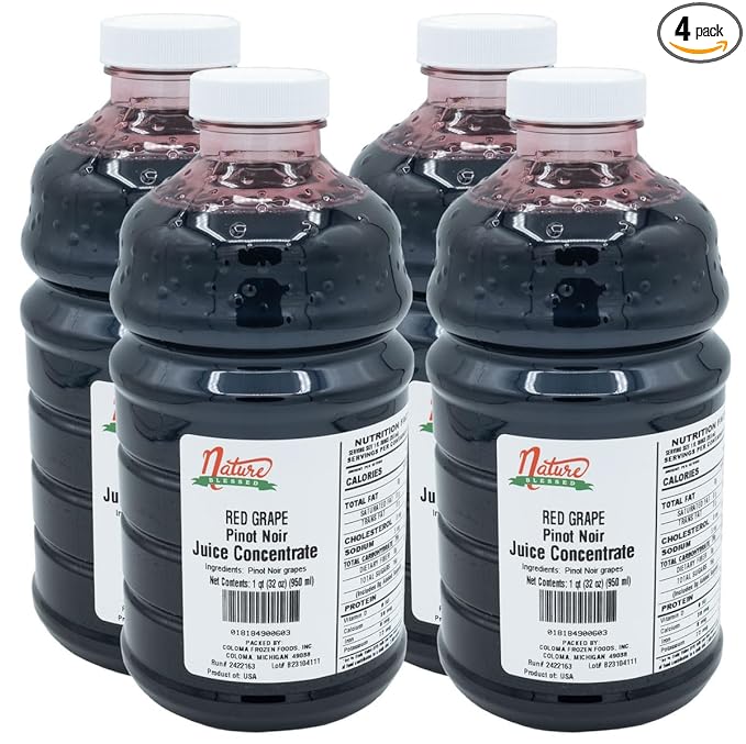 Nature Blessed 100% Pure Pinot Noir Red Grape Fruit Juice Concentrate - 4 Quarts (4/32 fl oz bottles) Excellent for Home Vintners or Brewers All Natural
