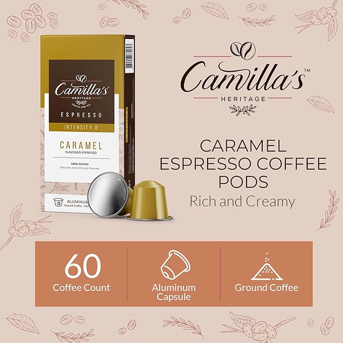 Camilla’s Heritage - Intensity 8 Caramel Flavored Espresso Coffee Gourmet Espresso Cups 60 Coffee Pods