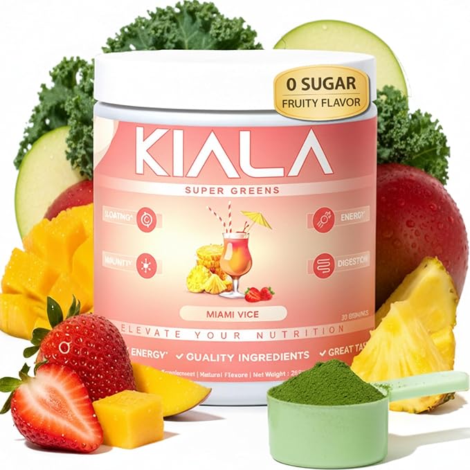 Kiala Nutrition Super Greens Organic Greens Powder with Spirulina &amp Chlorella for Digestion Gut Health Immunity Energy Gluten Free Vegan Sugar Free Spectra Blend Miami Vice Flavor 30 Serv