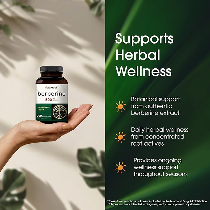 NatureBell Berberine 500mg - 300 Capsules - 97% Pure Berberine HCl - 5:1 Root Extract of Berberis Aristata - Antioxidant Alkaloid &amp Adaptogenic Support*