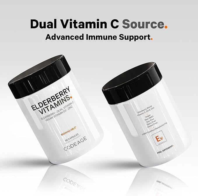 Codeage Elderberry Vitamins - Organic Fermented Elderberry Blend Vitamin C from Ascorbic Acid &amp Organic Acerola Cherries Vitamin D3 Zinc Sambucus Berries - 90 Capsules
