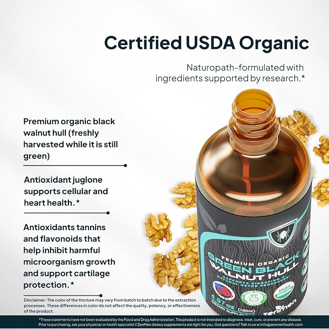 Zenmen Organic Green Black Walnut Hull Tincture - Highly Potent Formula Source of Antioxidants - 4.97 fl oz / 120ml Vegan Manufactured in The USA