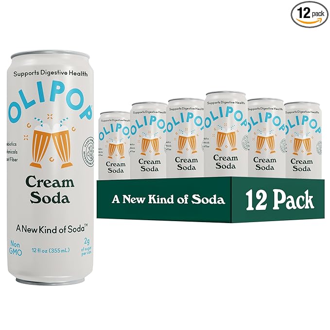 OLIPOP Prebiotic Soda Pop Cream Soda Pantry Pack Packed with Prebiotics Fiber and Botanicals Gluten Free GMO Free 12oz Skinny (12-Cans)