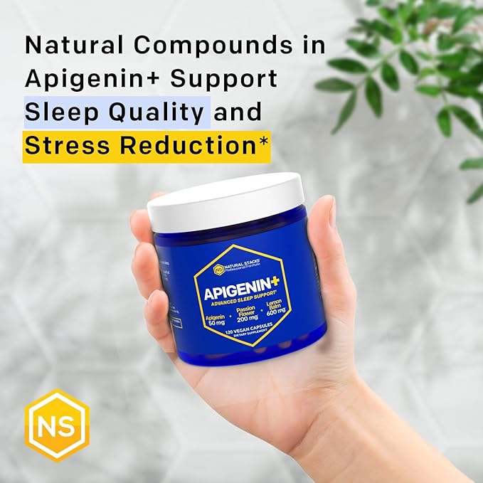 NATURAL STACKS Apigenin Supplement for Sleep - 50mg Apigenin &amp 600mg Lemon Balm - Melatonin Free Sleep Aid - with Passion Flower Extract for Stress Support* - 120 Lemon Balm Capsules