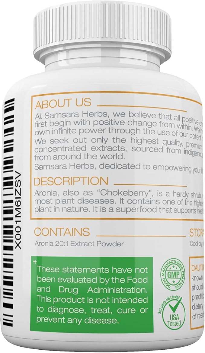 Samsara Herbs Aronia Berry 20:1 Extract (120x500mg Capsules) - Antioxidant Flavonoids and Polyphenols Supplement - High ORAC - Native American Berry - Improved Wellbeing