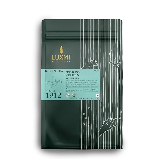 Luxmi Estates Tokyo Green Organic Green Tea (50 Tea Bags) Tea Bags For Relaxing Calming and Stress Relief With Certified Organic Darjeeling Makaibari Green Tea