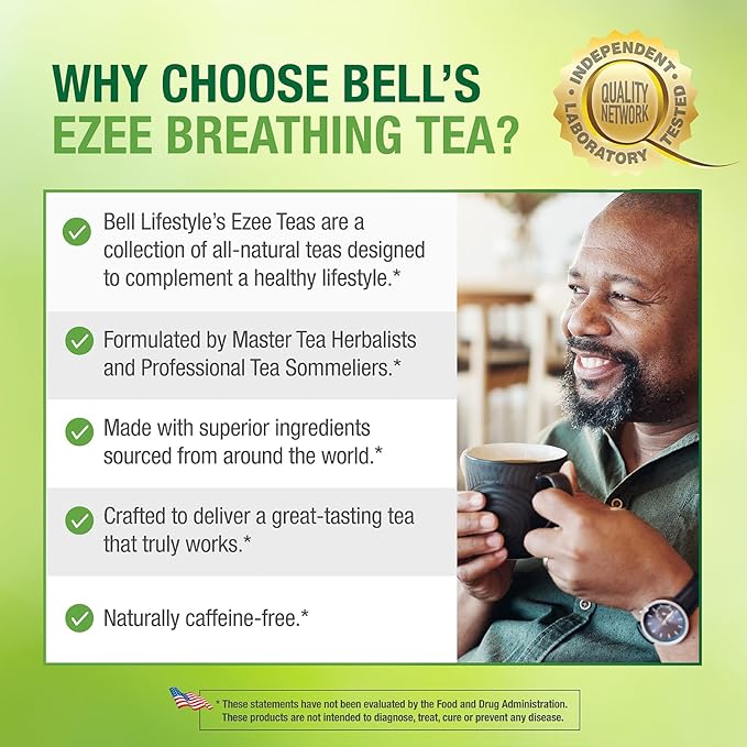 Bell Ezee Breathing Tea Bags Respiratory &amp Lung Support | Natural Herbal Blend with Peppermint Thyme Eucalyptus &amp More| Lab Tested Vegan Non-GMO Caffeine Free 20 Tea Bags - 2 Pack