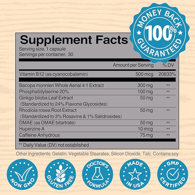 Brain Supplement / Brain Booster Supplement for Focus Memory Clarity Energy Work as Caffeine Brain Booster/ Brain Supplements for Memory &amp Focus for Brain Fog Brain Boost &amp Brain Support (