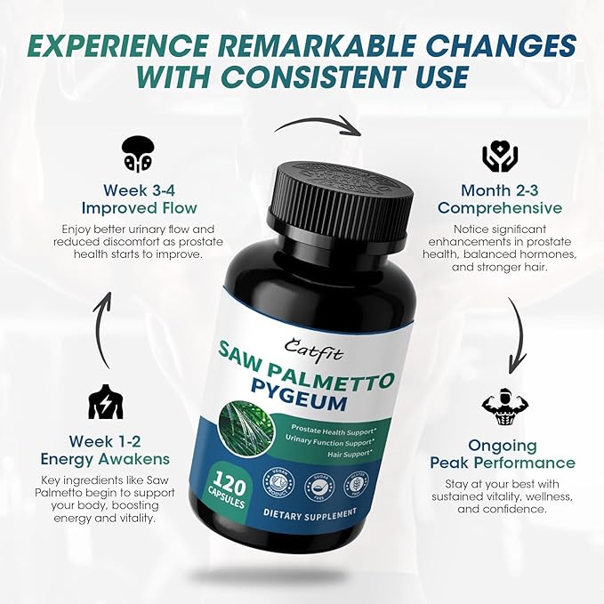 Catfit Saw Palmetto for Men – Prostate Health &amp Urinary Support &amp DHT Blocker Hair Health with Biotin 6000mcg Pumpkin Seed Oil Pygeum &amp Lycopene – Energy &amp Vitality Formula 120 Cap