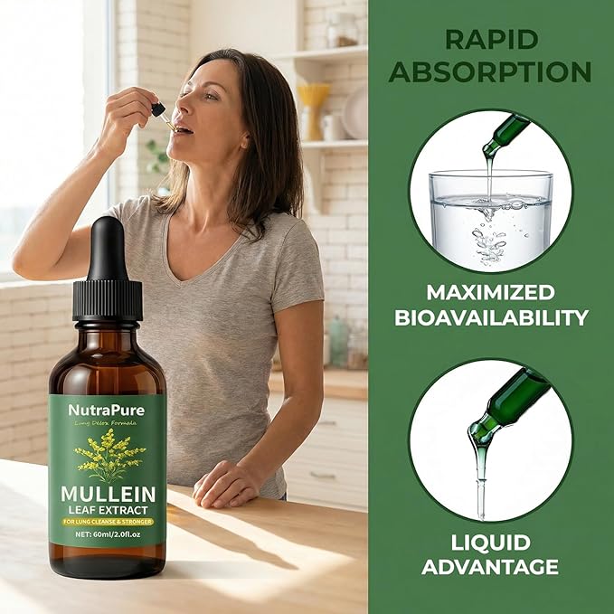 Nutrapure Mullein Extract Drops for Lung Organic Mullein Leaf Supplement Support Lung Cleanse &amp Detox Health &amp Respiratory Comfort &amp Boosts Immune - 2.0fl.oz (1)
