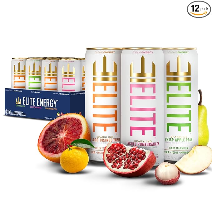 ELITE Energy – Energy Drink Variety Pack – Clean Green Tea Caffeine with L-Theanine – Zero Sugar 10 Calories Naturally Sweetened Functional Energy for Focus &amp Performance – 12 Pack – Variety Fla