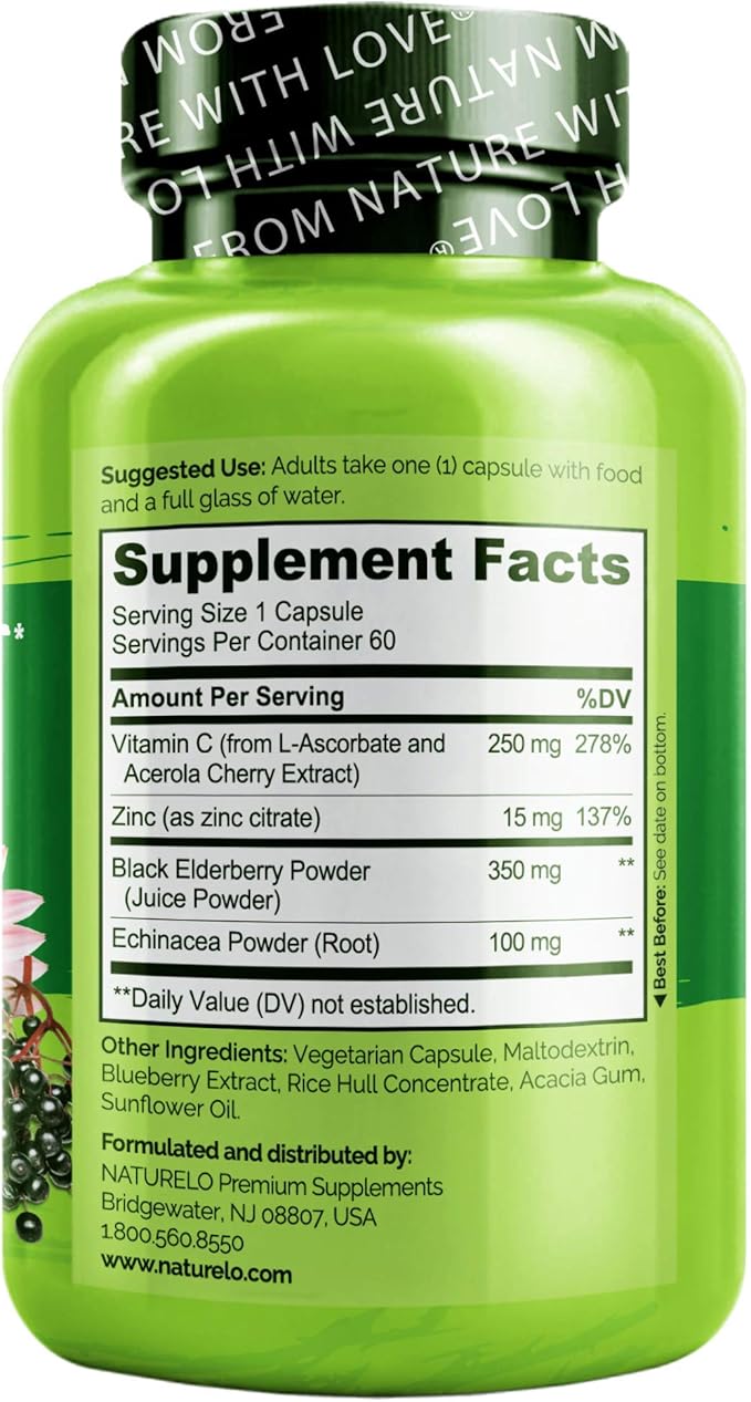 NATURELO Immune Support – Vitamin C Elderberry Zinc Echinacea – Natural Immunity Boost w/Antioxidant Herbal &amp Mineral Defense - 60 Vegan Capsules (Pack of 2)