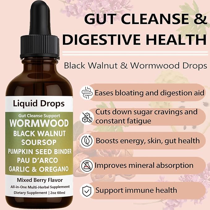 Prozen Wormwood Gut Cleanse Liquid Drops Black Walnut Wormwood Clove Liquid Extract with Soursop &amp Oregano Oil - Supports Digestive Health Energy Boost - 2 Fl Oz (1)