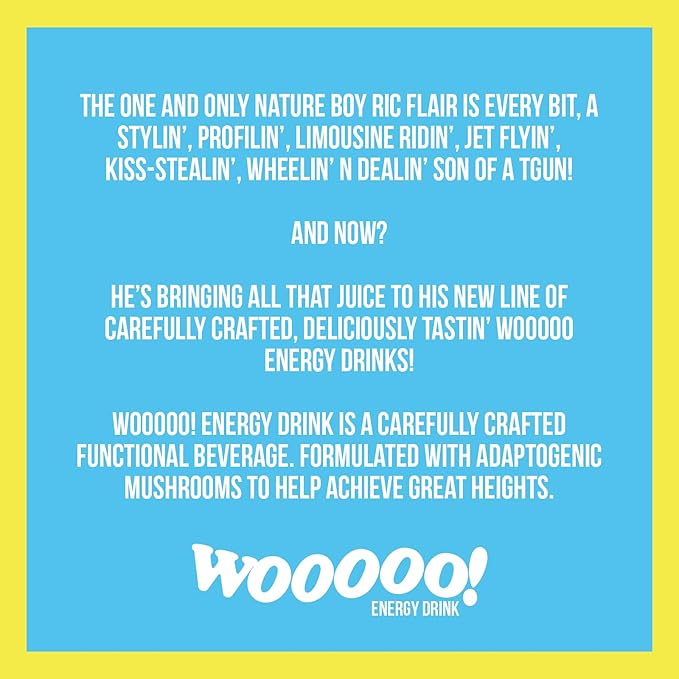 Wooooo! Energy Ric Flair Sparkling Adaptogenic Mushroom Energy Drink | Natural Antioxidants &amp Nootropics | Lion’s Mane &amp Cordyceps | 150mg Caffeine | 12 Pack (Lemon)