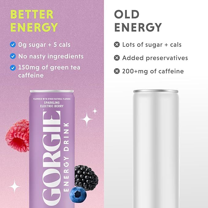 GORGIE Sugar Free Natural Energy Drinks Wild Berry (12 Pack) - Healthy Energy Drinks - Natural Coffee Replacement with Green Tea Caffeine and Biotin - 150mg Caffeine Vegan &amp Low Calorie