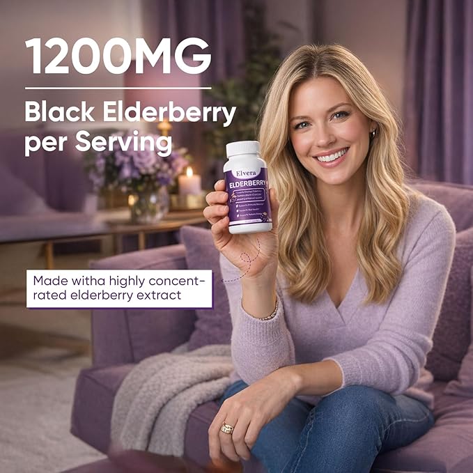 Elvera Gut Support Complex - Organic Black Elderberry Soft Capsules - 1200mg Elderberry Extract Vitamin C Zinc Daily Immune &amp Gut Support | Vegan Non-GMO | 60 Softgels