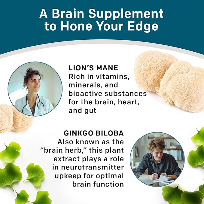 14-in-1 Lions Mane Supplement Capsules - Nootropic Brain Supplement with Ginkgo Biloba for Brain Support Memory and Focus - Alpha GPC L Theanine &amp Choline Supplements with 1300mg Per Serving (60