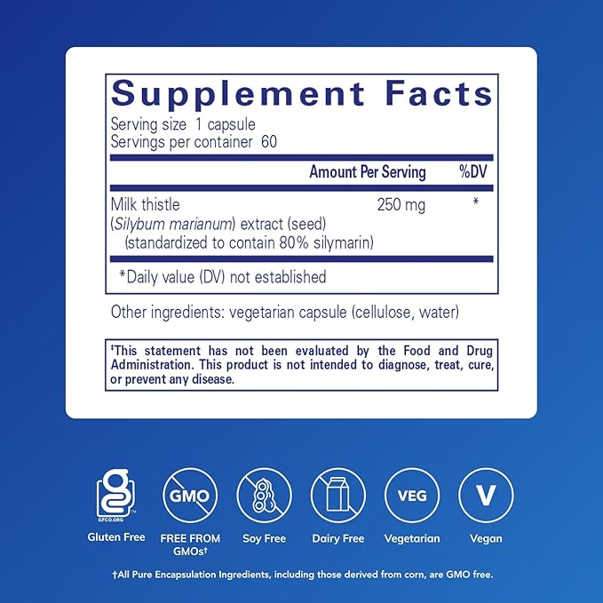 Pure Encapsulations Silymarin - 250 mg Milk Thistle Per Capsule - Liver Health Support - Antioxidants Supplement - Non-GMO &amp Vegan - 60 Capsules