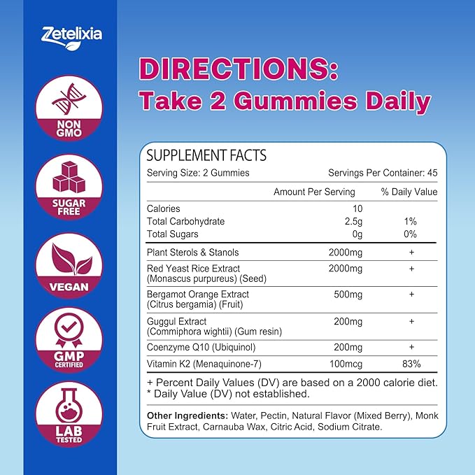 Cholesterol lowering Supplements Gummies Cholesterol Gummies with Plant Sterols &amp Stanols Red Yeast Rice Lower Cholesterol Naturally – Vegan Non-GMO Mixed Berry Flavor 90Ct