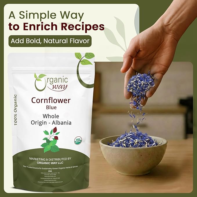 Organic Way Premium Cornflower Blue Whole (Centaurea Cyanus) - Herbal Tea | European Wild-Harvest | USDA &amp Kosher Certified | Vegan Non GMO &amp Gluten Free | Origin - Albania (8 Oz)
