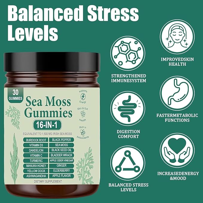 Sea Moss Gummies 16-in-1 with Bladderwrack &amp Burdock Root - Organic Irish Sea Moss Supplement for Immune Support Digestion Energy - Vegan Non-GMO 30 Chewable Gummies
