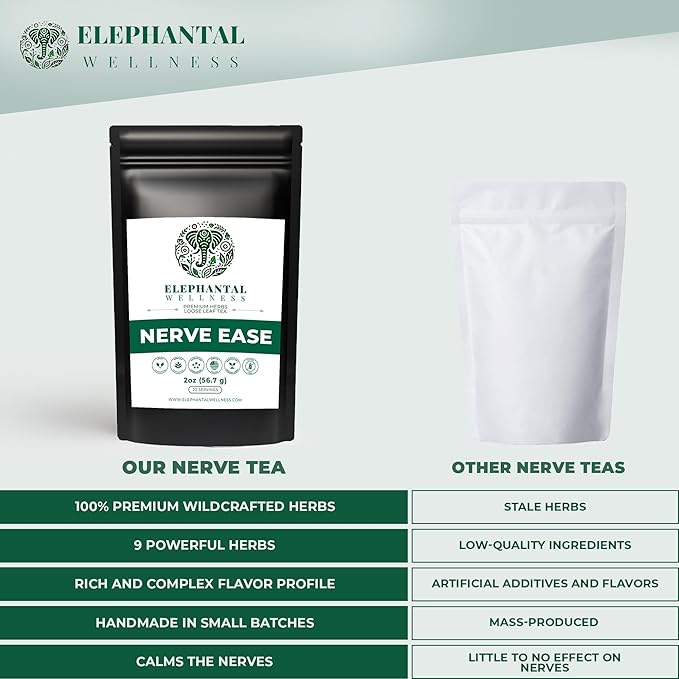 Elephantal Wellness Nerve Ease Herbal Tea | Calming Nervous System Support with Chamomile Tea Passionflower Lemon Balm Tea Valerian &amp St. John’s Wort | Loose Leaf Caffeine-Free 2oz 20 Servin