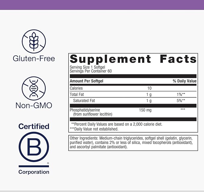 Metagenics Phosphatidylserine - Brain Support Supplement* for Focus Memory &amp Learning* - 150 mg Sunflower Lecithin-Derived Phosphatidylserine - Non-GMO Soy Free Gluten-Free - 60 Softgels