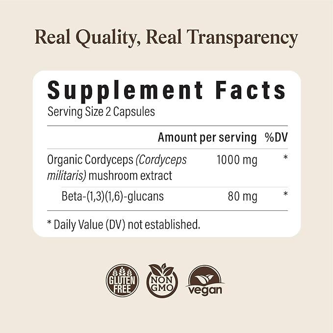 Real Mushrooms Capsules Supplements - Organic Cordyceps Mushroom Powder in Capsules - Energy and Performance Mushrooms with Verified Beta Glucans - Vegan Non-GMO 300 Capsules