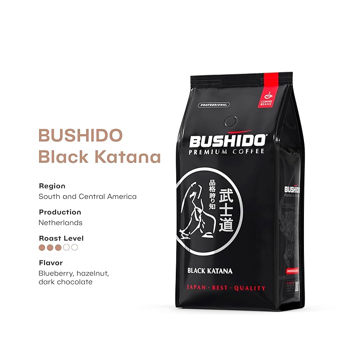 BUSHIDO Black Katana Premium Whole Bean Coffee 2.2 lb (1kg) Bulk Bag Medium Roast 100% Arabica - Rich &amp Smooth Taste with Dark Chocolate Notes - Non-Bitter Espresso Beans - Imported from the Nethe
