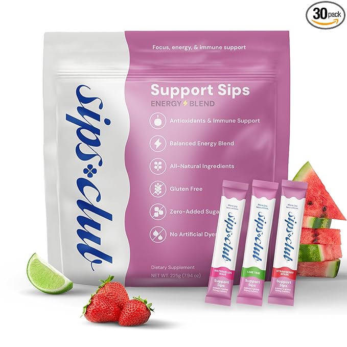 Support Sip with Caffeine and L-Theanine Blend - Healthy Drink Mix Powder Packets for Immune &amp Digestive Health - All Natural Ingredients No Added Sugar or Dyes - Variety Pack (30 Packs)