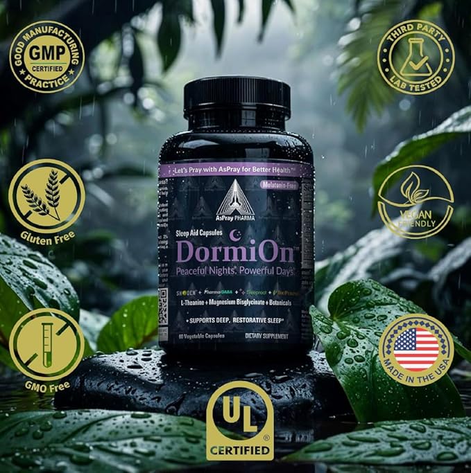DormiOn™ Sleep + Restore + Stress Supplement Herbal Sleep Aid for Women &amp Men. No-Melatonin Non-Habit Forming. Clinically-Proven Ashwagandha GABA Valerian &amp Magnesium. Vegan &amp Non-Grog