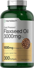 Horbäach Flaxseed Oil Softgel Capsules 3000mg | 300 Count | High Potency | with Omega 3 6 9 | Non-GMO Gluten Free | Cold Pressed Flax Seed