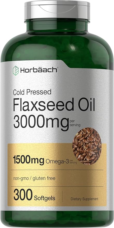Horbäach Flaxseed Oil Softgel Capsules 3000mg | 300 Count | High Potency | with Omega 3 6 9 | Non-GMO Gluten Free | Cold Pressed Flax Seed