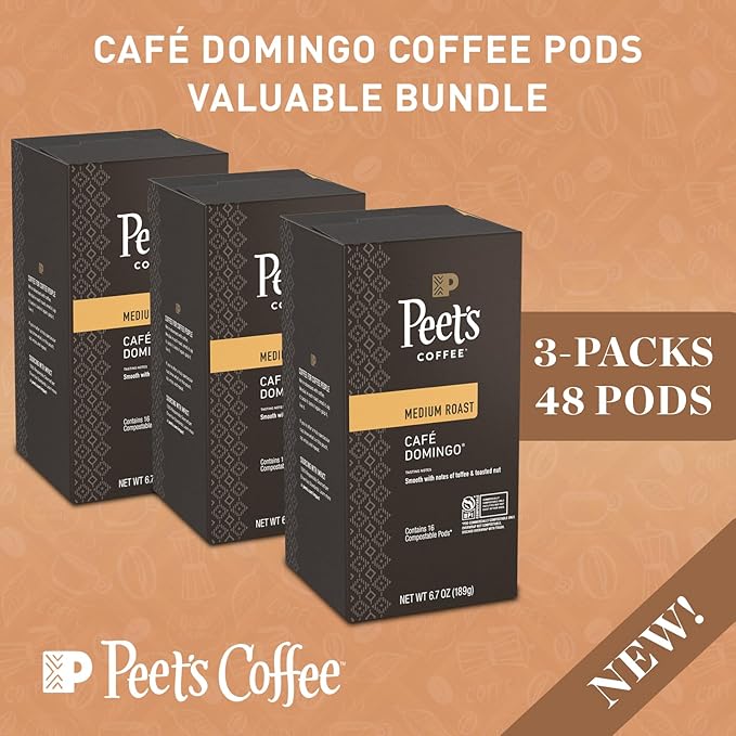Peet’s Café Domingo Coffee Pods – 48 Count (3 Packs of 16) – Medium Roast with Smooth Balanced Flavor and Aromatic Finish – Compatible with Pelecom Coffee Machines – Peet’s Coffee Pods &amp Capsules