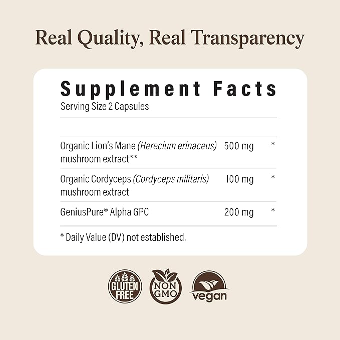 Real Mushrooms Lion’s Mane Focus Capsules (90 Count) – Organic Lions Mane Fruiting Body Extracts (3.3g Dried Equivalent) with 200mg Alpha GPC Choline for Mental Clarity &amp Daily Cognitive Function