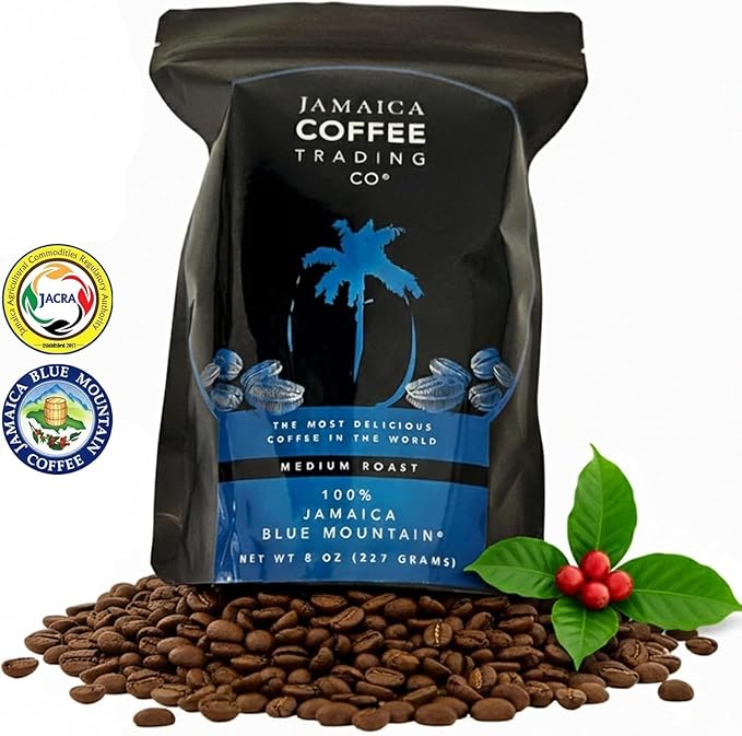100% Jamaica Blue Mountain Coffee Beans No. 1 227grams / 8oz - Medium Roast Whole Coffee Bean - 100% Pure Arabica Small Batch Roasted - JACRA Certified Low Acidity Ethically Sourced