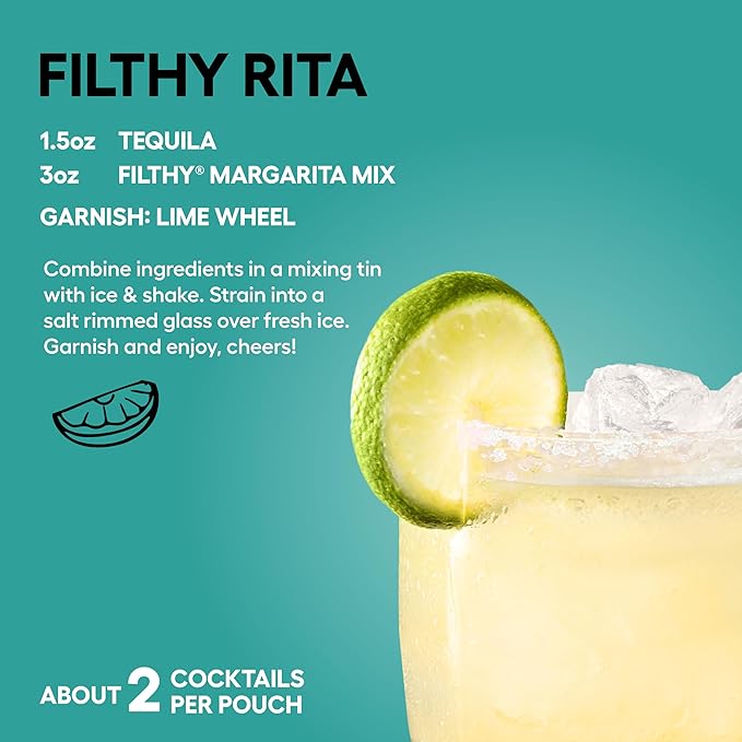 Filthy Margarita Mix Premium Cocktail Mixer All-Natural Non-GMO Vegan &amp Gluten-Free Made with 100% Fresh Florida Lime Juice and Organic Agave Nectar from Jalisco Mexico 8 Oz Pouch 6 Pack