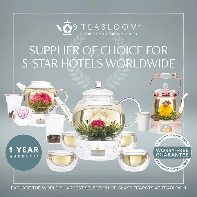Teabloom One-Touch Tea Maker 2-in-1 Teapot and Kettle with Stainless Steel Filter Lid for Loose Tea – Stain-free Borosilicate Glass Teapot (56 Oz) – Tea Connoisseur's Choice