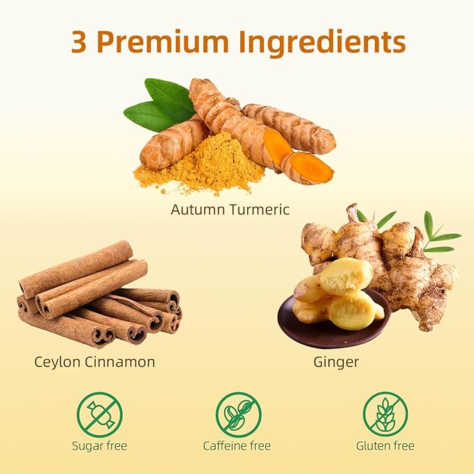 120 Bags Premium Turmeric Ginger Cinnamon Tea Bags Premium Natural Ingredients Turmeric Ginger Herbal Blend with Cinnamon No Sugar Caffeine-FreeTurmeric Ginger Cinnamon Tea（1Pack/120Bags）