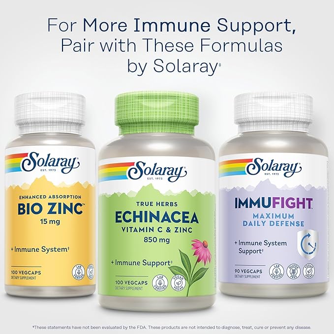 SOLARAY Echinacea Vitamin C and Zinc Wellness Formula - Immune Support Supplement - Echinacea Capsules with Vitamin C 500mg Plus Bioflavonoids Vegan 60-Day Guarantee 50 Servings 100 VegCaps