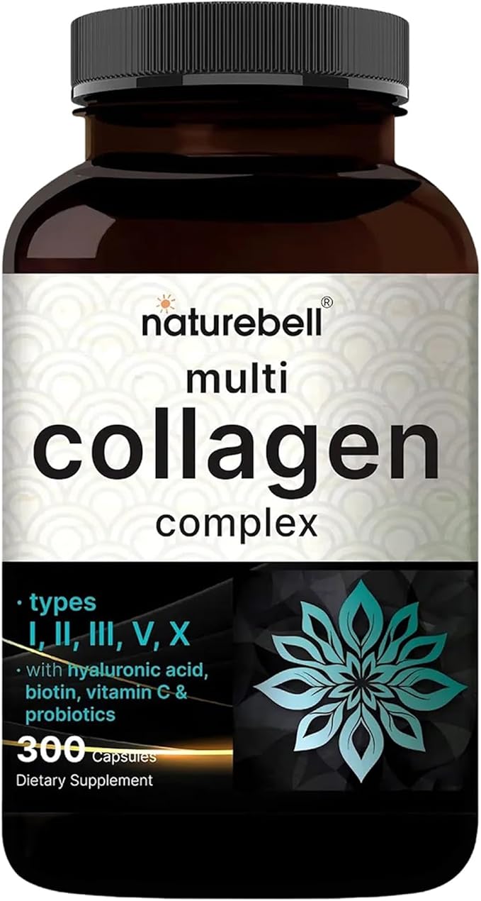 NatureBell Multi Collagen Complex - 300 Capsules - 5 Collagen Peptides (Type I II III V X) Hyaluronic Acid Biotin &amp Probiotics - Hair Skin Nail Joint &amp Gut Health Support*