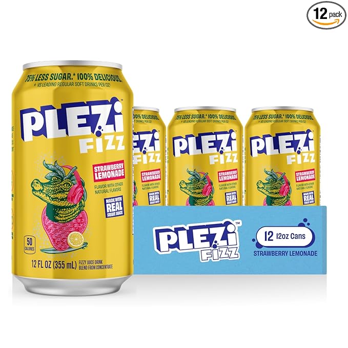 PLEZi FiZZ Strawberry Lemonade Sparkling Juice - Healthy Soda Alternative with Real Fruit Juice No Added Sugar - Low Sugar Sparkling Drink - Good Source of Fiber 12 Fl Oz (12 Pack)