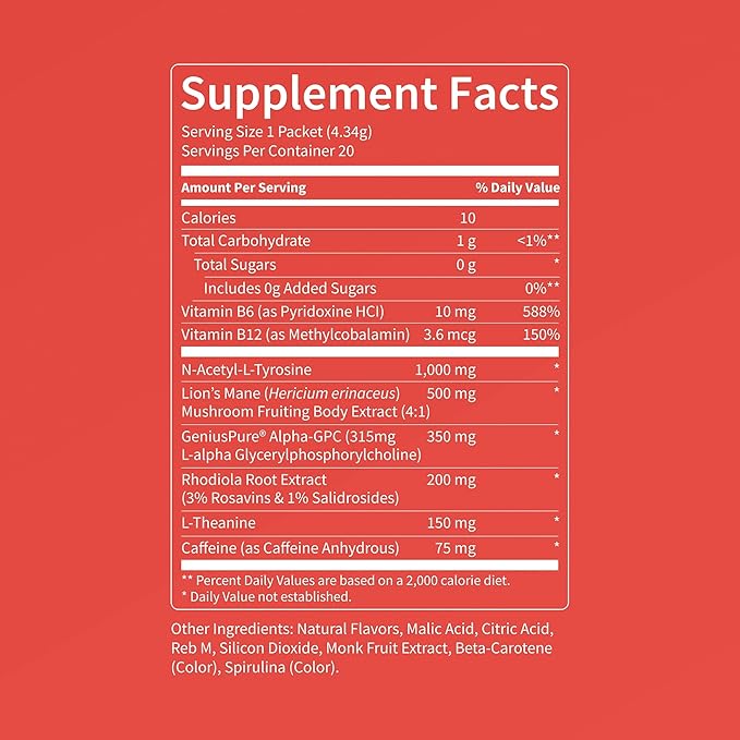 Nello Superfocus – Nootropic Focus Drink Mix for Productivity Caffeine L-Theanine Rhodiola Rosea Alpha-GPC Lion’s Mane Tyrosine Sugar-Free Packets - With Caffeine (Pack of 20) (20 Servings (Caf