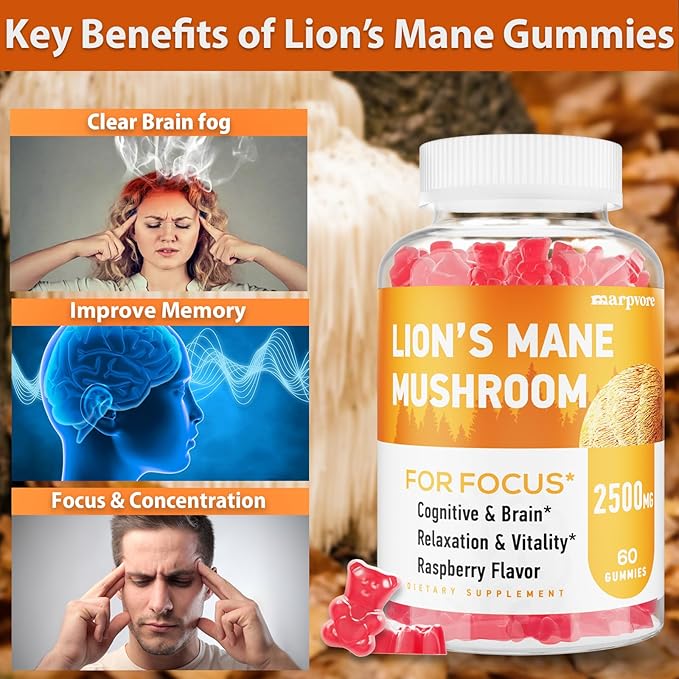 Lions Mane Gummies Organic Lion's Mane Lions Mane Gummies for Adults with Ashwagandha &amp Alpha GPC Cortisol Supplements for Women &amp Men 60 Counts