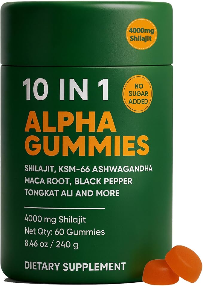 10-in-1 True Alpha Shilajit Gummies 4000mg Himalayan Alpha Gummies for Men Energy Boost Immune Support with Ashwagandha Maca Root Tongkat Ali Fulvic Acid 85+Trace Mineral No Added Sugar 60ct